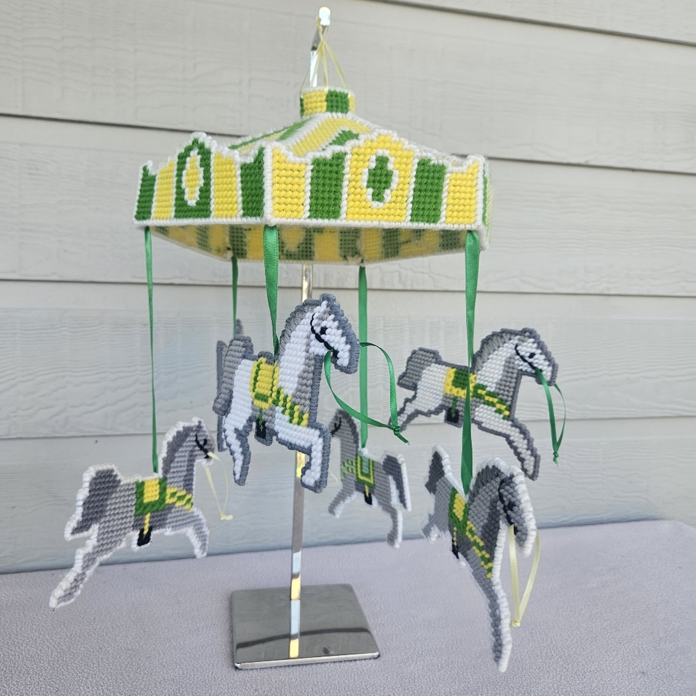 VTG Plastic Canvas Carousel Horse Hanging Windchime Decor Yellow Green Baby